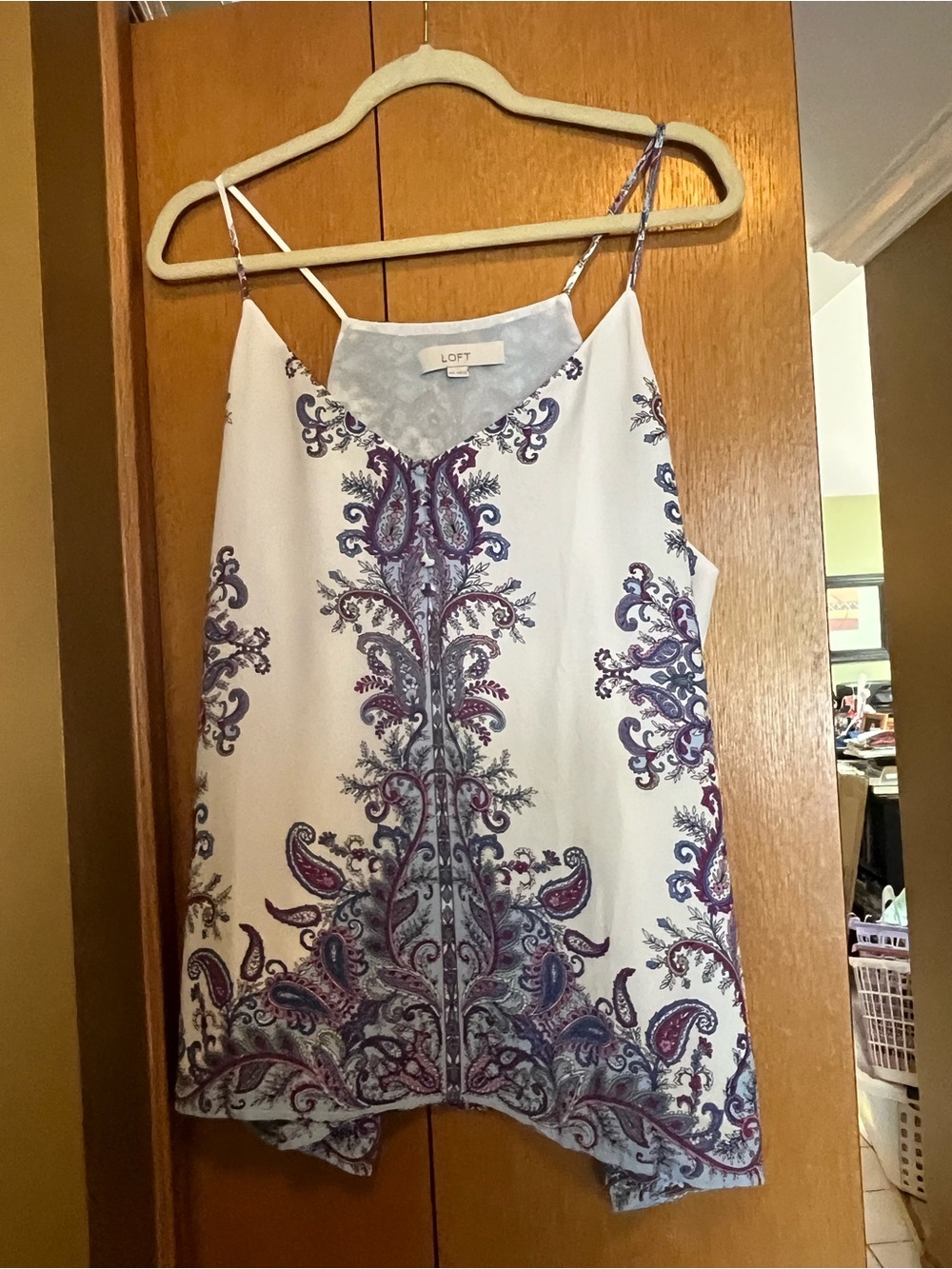 LOFT XXL White Paisley Print Spaghetti Strap Cami with Purple & Blue Detail